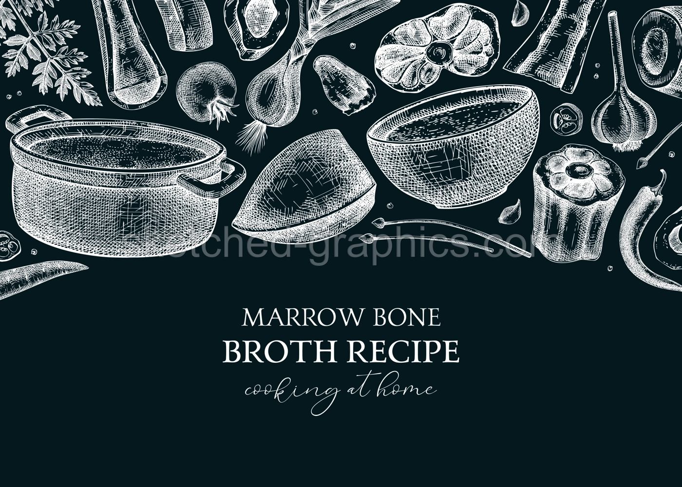 Healthy food background. Marrow bone broth frame. Hot soup on plates, pans, bowls, organ meat, vegetables, marrow bones sketches. Hand drawn vector illustrations. Homemade food on chalkboard Illustration